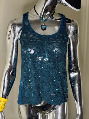 Blue Lace Sequin Tank Top - Women
